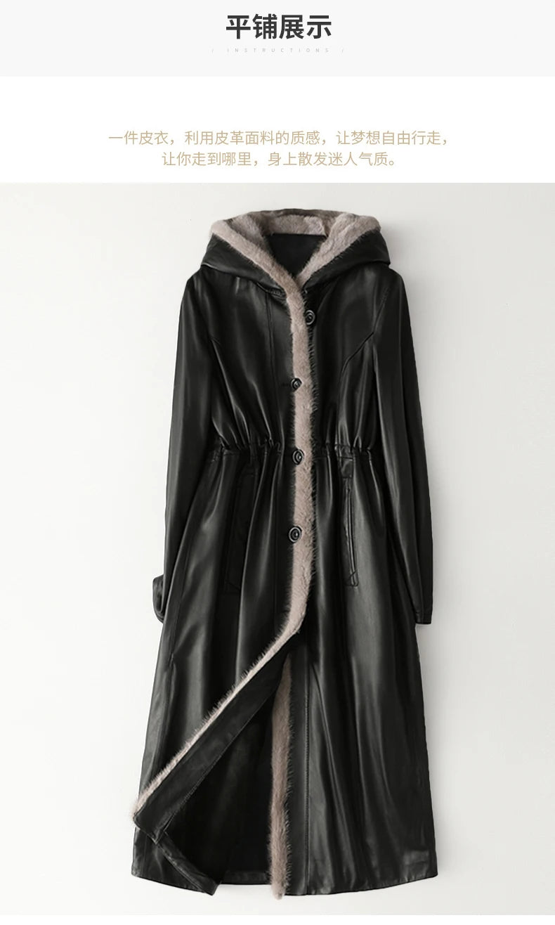 Lautaro Winter Long Warm Thick Black Leather Coat Women with Fur Inside Elegant Luxury Faux Fur Lined Jacket Parka Fashion 2021