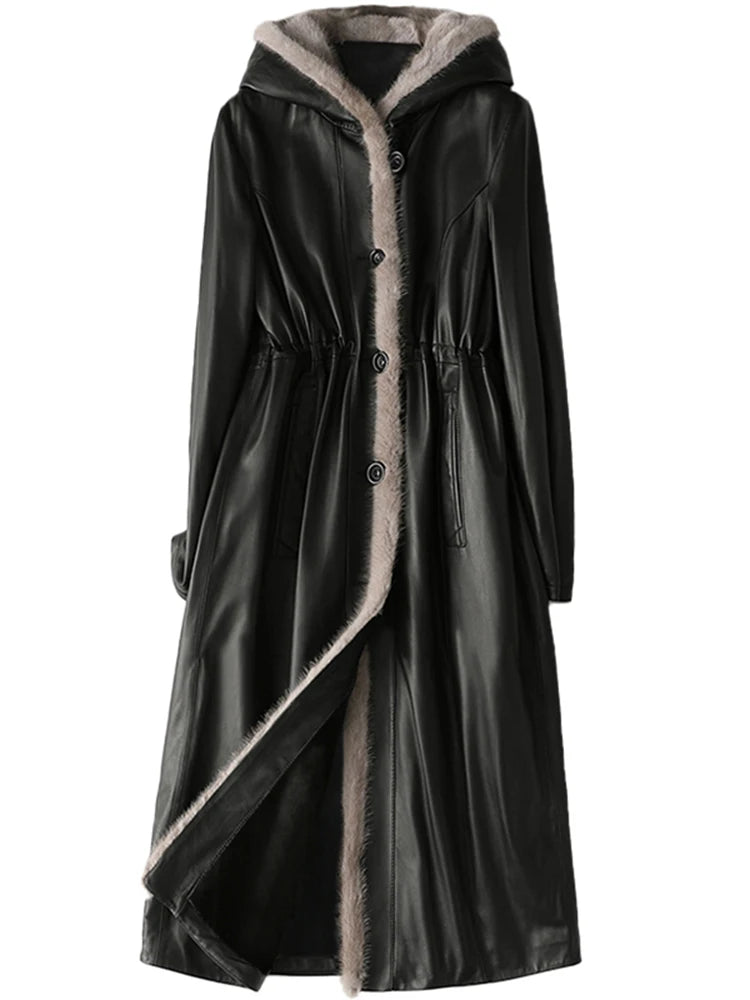 Lautaro Winter Long Warm Thick Black Leather Coat Women with Fur Inside Elegant Luxury Faux Fur Lined Jacket Parka Fashion 2021