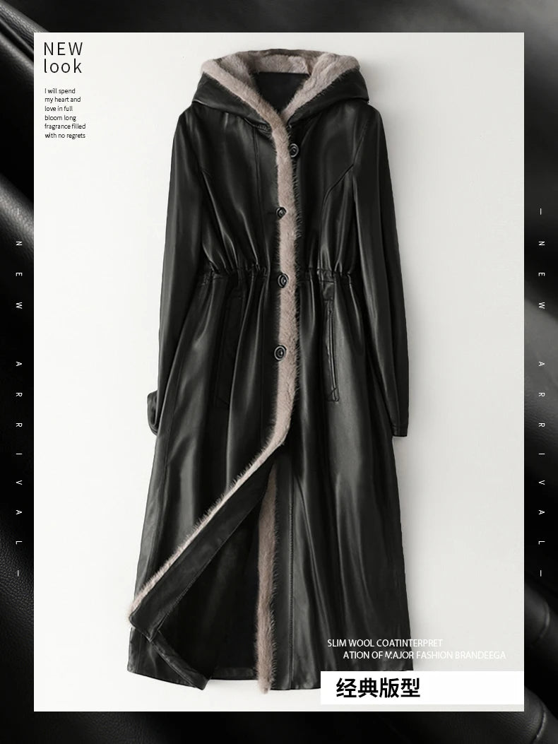 Lautaro Winter Long Warm Thick Black Leather Coat Women with Fur Inside Elegant Luxury Faux Fur Lined Jacket Parka Fashion 2021