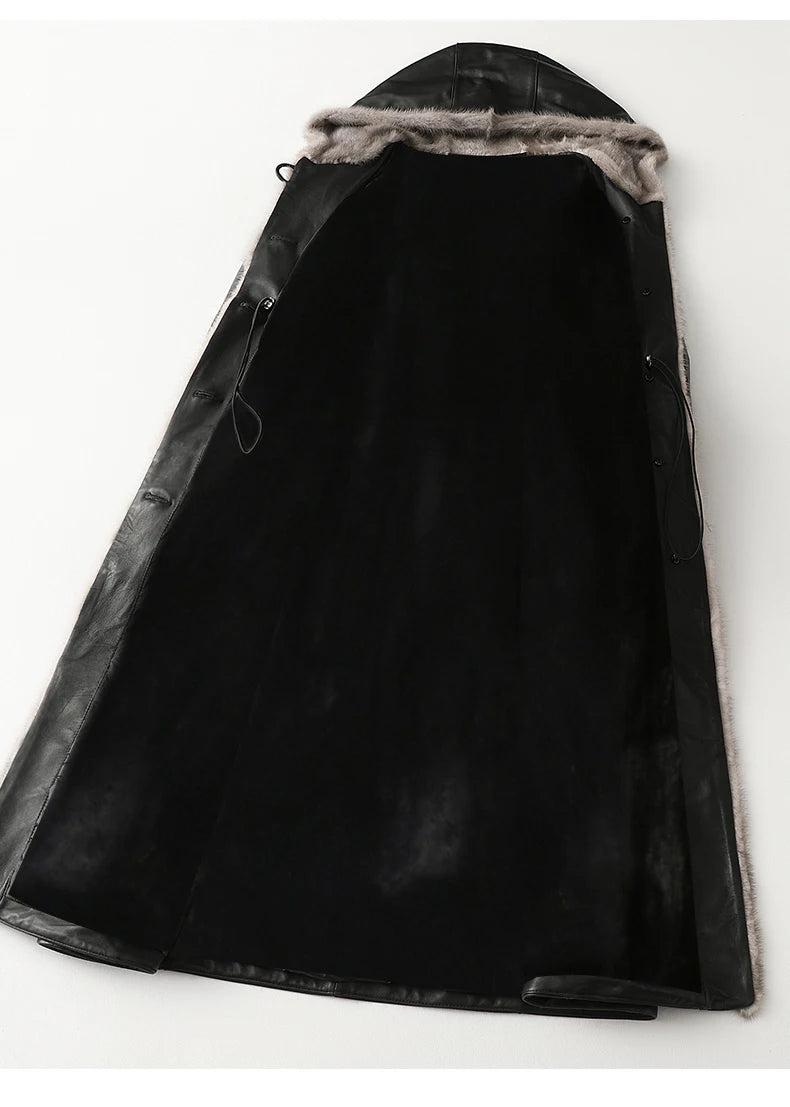 Lautaro Winter Long Warm Thick Black Leather Coat Women with Fur Inside Elegant Luxury Faux Fur Lined Jacket Parka Fashion 2021