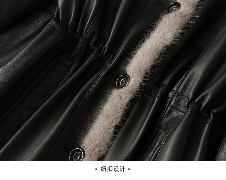Lautaro Winter Long Warm Thick Black Leather Coat Women with Fur Inside Elegant Luxury Faux Fur Lined Jacket Parka Fashion 2021