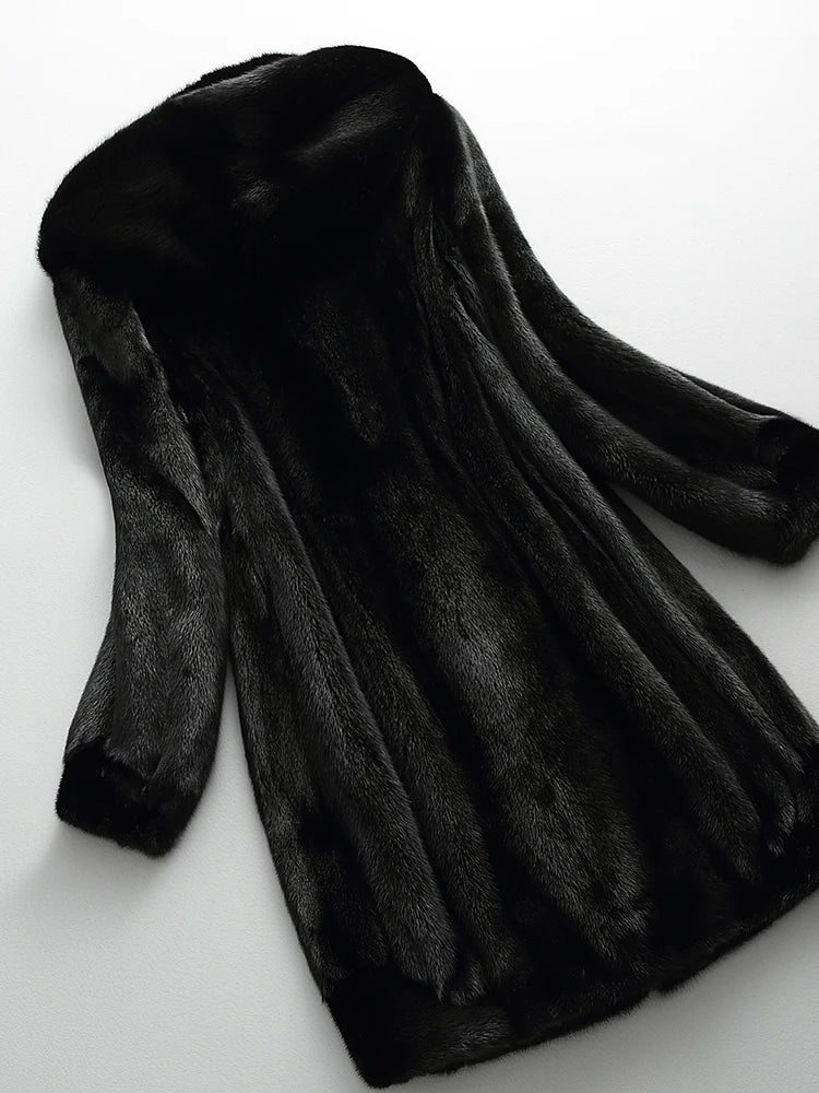 Lautaro Winter Luxury Long Black Faux Mink Fur Coat Women with Hood Long Sleeve Elegant Thick Warm Fluffy Furry Jacket 6xl 7xl