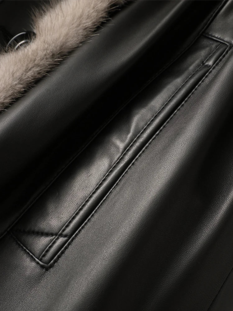 Lautaro Winter Long Warm Thick Black Leather Coat Women with Fur Inside Elegant Luxury Faux Fur Lined Jacket Parka Fashion 2021