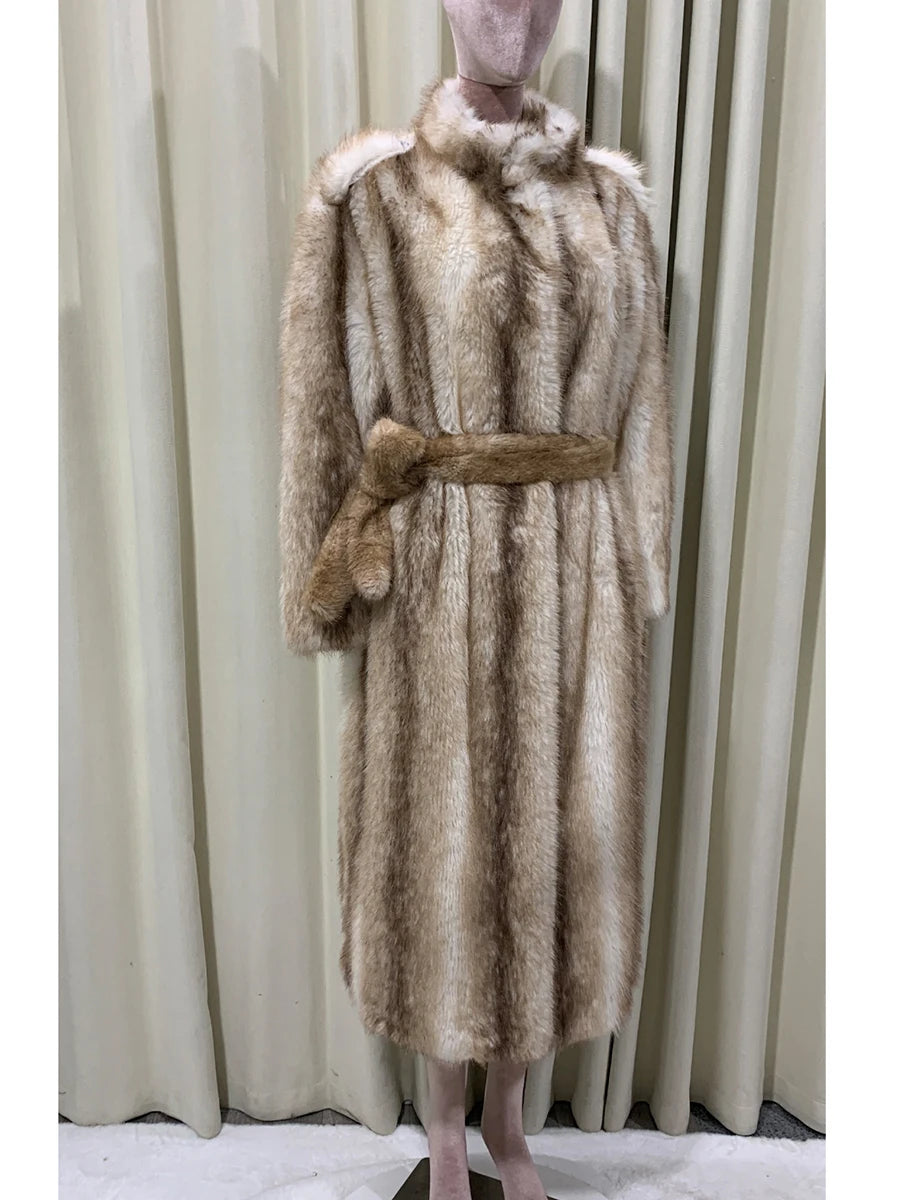 Autumn Winter Long Thick Warm Soft Hairy Striped Faux Fur Coat Women Runway Fashion Chic Loose Casual Fluffy Furry Overcoat 2025