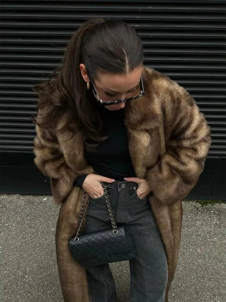 Women Faux Fur Overcoat Luxury Chic Fashion Lapel Long Sleeve Loose Fluffy Coat Lady Winter Warm Elegant Street Outerwear New