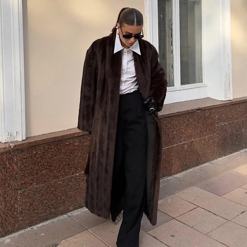 Women Faux Fur Overcoat Luxury Chic Fashion Lapel Long Sleeve Loose Fluffy Coat Lady Winter Warm Elegant Street Outerwear New