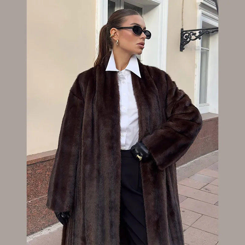 Women Faux Fur Overcoat Luxury Chic Fashion Lapel Long Sleeve Loose Fluffy Coat Lady Winter Warm Elegant Street Outerwear New