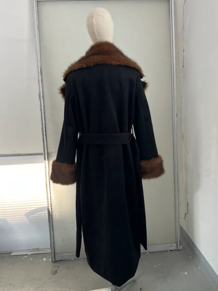 2026 Woman Vintage Faux Fur Woolen Long Luxury Overcoat Chic Full Sleeve V-neck Lace Up Loose Coat New Lady Commute Warm Outwear