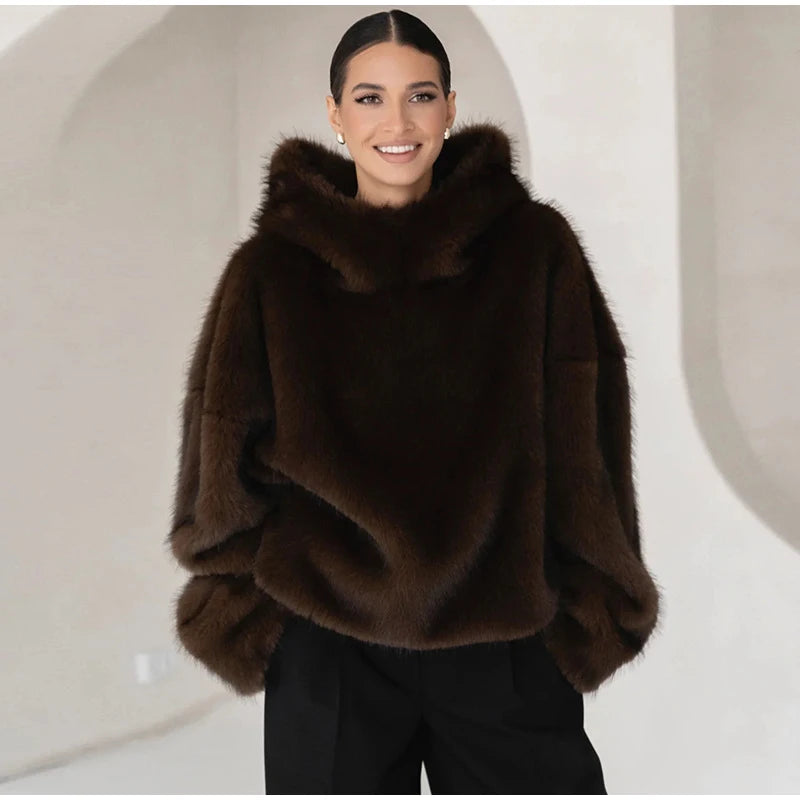 Winter Brown Faux Fur Hooded Women's Coat Full Sleeve Warm Thick Loose Plush Pullover Female 2025 Fashion Lady New Outwear