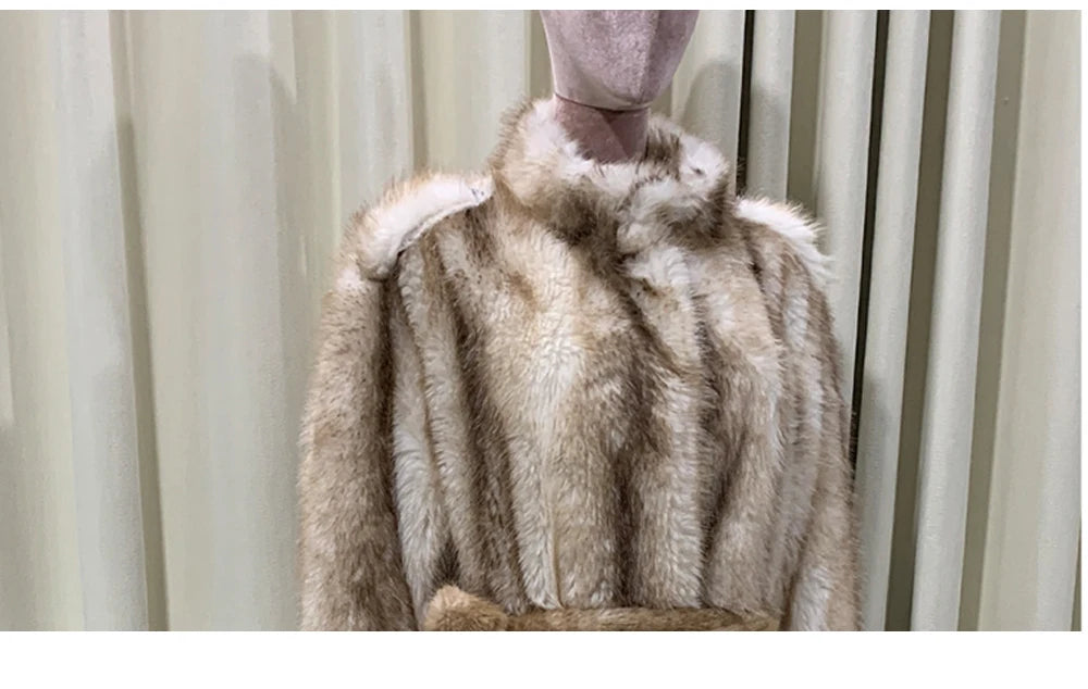 Autumn Winter Long Thick Warm Soft Hairy Striped Faux Fur Coat Women Runway Fashion Chic Loose Casual Fluffy Furry Overcoat 2025