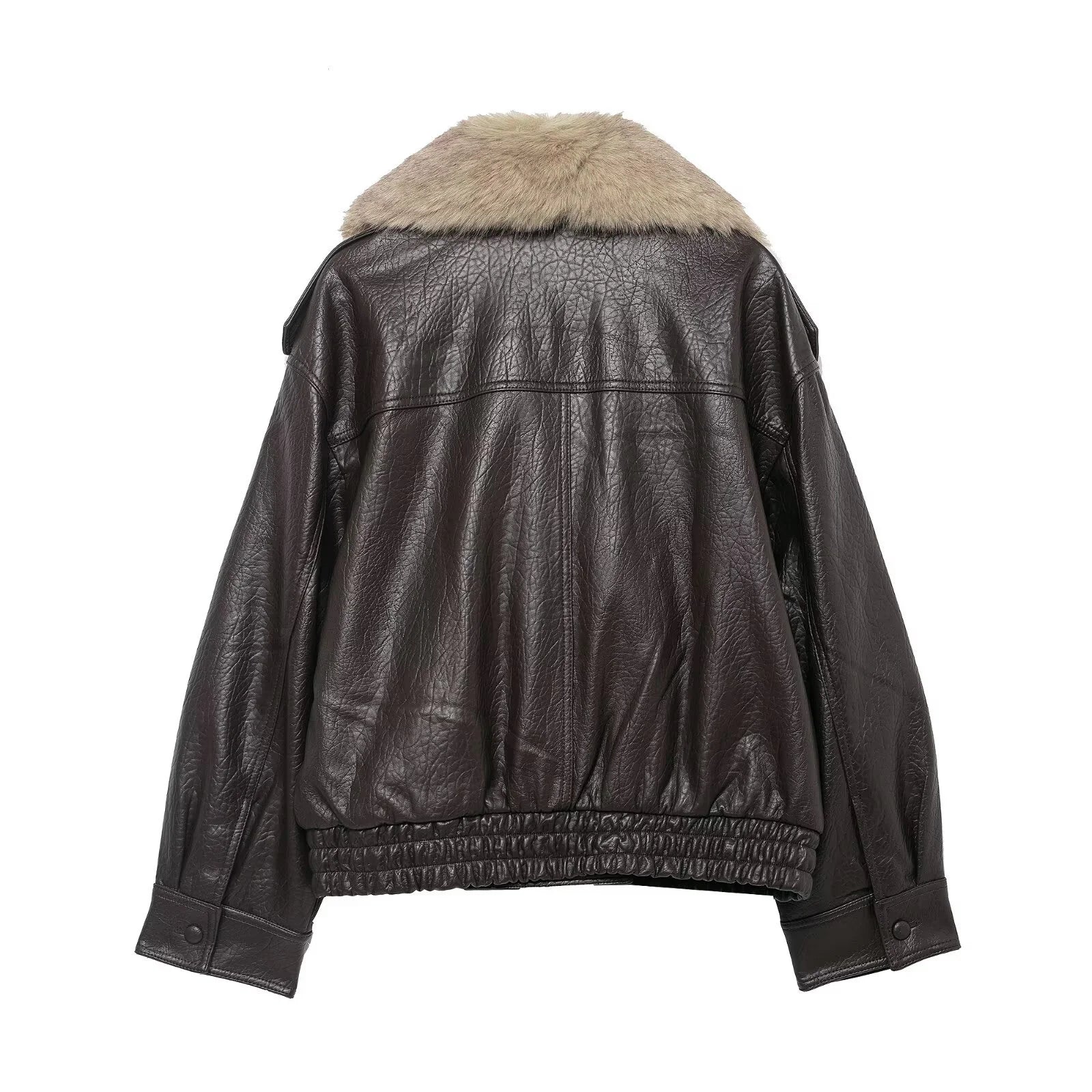 TFMLN 2025 Winter Women Loose Faux Leather Jacket Fashion Removed Big Fur Collar Causal Coat High Street Double Breasted Outwear