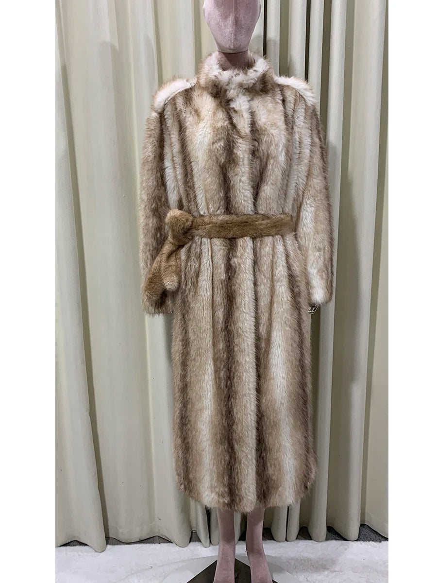 Autumn Winter Long Thick Warm Soft Hairy Striped Faux Fur Coat Women Runway Fashion Chic Loose Casual Fluffy Furry Overcoat 2025