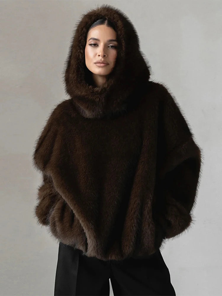 Winter Brown Faux Fur Hooded Women's Coat Full Sleeve Warm Thick Loose Plush Pullover Female 2025 Fashion Lady New Outwear