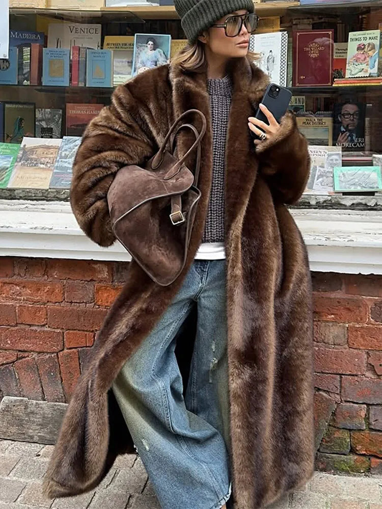 Women Faux Fur Overcoat Luxury Chic Fashion Lapel Long Sleeve Loose Fluffy Coat Lady Winter Warm Elegant Street Outerwear New