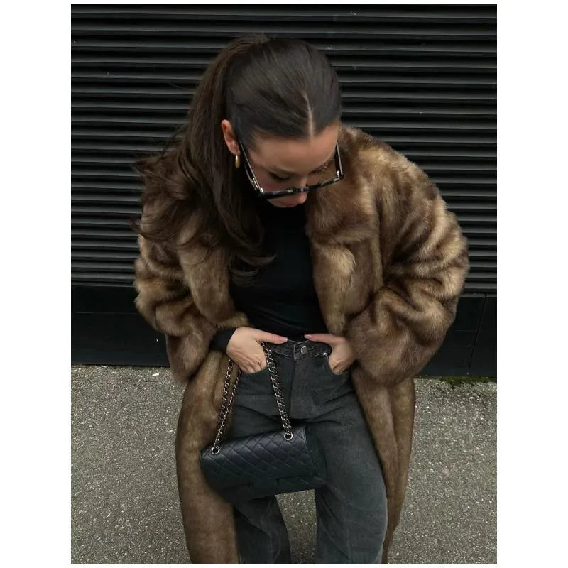 Women Faux Fur Overcoat Luxury Chic Fashion Lapel Long Sleeve Loose Fluffy Coat Lady Winter Warm Elegant Street Outerwear New