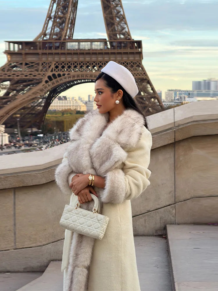 2026 Woman Vintage Faux Fur Woolen Long Luxury Overcoat Chic Full Sleeve V-neck Lace Up Loose Coat New Lady Commute Warm Outwear