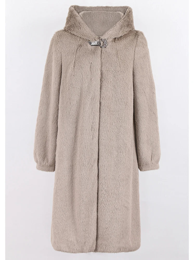 Lautaro Winter Luxury Long Black Faux Mink Fur Coat Women with Hood Long Sleeve Elegant Thick Warm Fluffy Furry Jacket 6xl 7xl