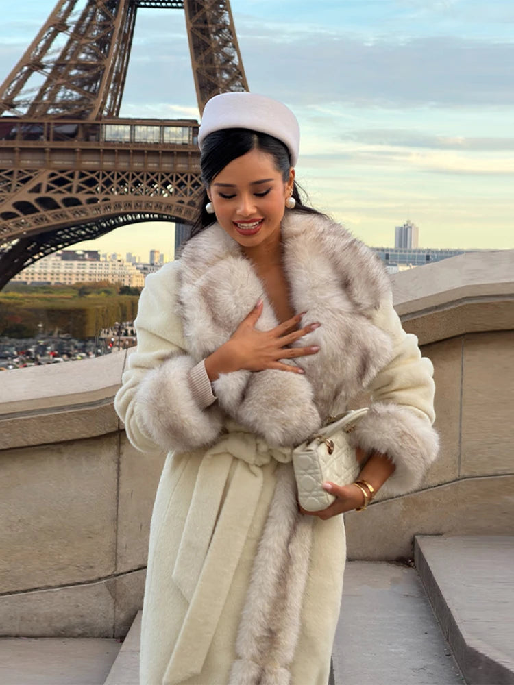 2026 Woman Vintage Faux Fur Woolen Long Luxury Overcoat Chic Full Sleeve V-neck Lace Up Loose Coat New Lady Commute Warm Outwear