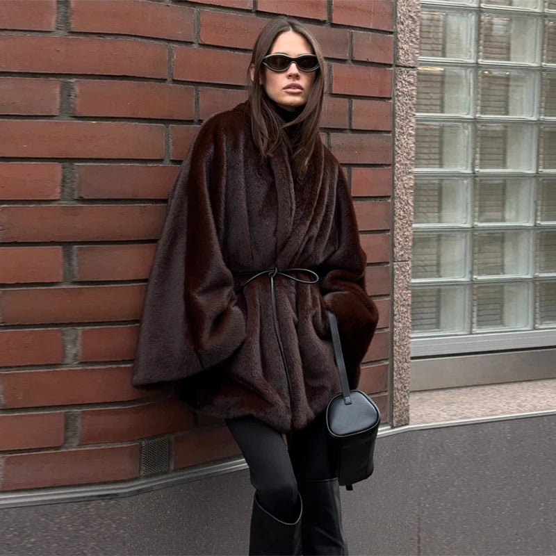 Women's Elegant Faux Fur Coat Fashion Oversized Long Sleeve Warm Belt Waist Jacket Lady 2026 Spring New Chic Street Outerwear