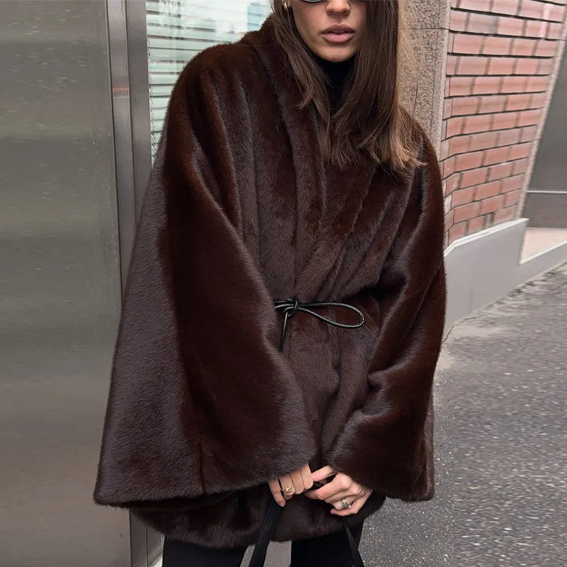 Women's Elegant Faux Fur Coat Fashion Oversized Long Sleeve Warm Belt Waist Jacket Lady 2026 Spring New Chic Street Outerwear