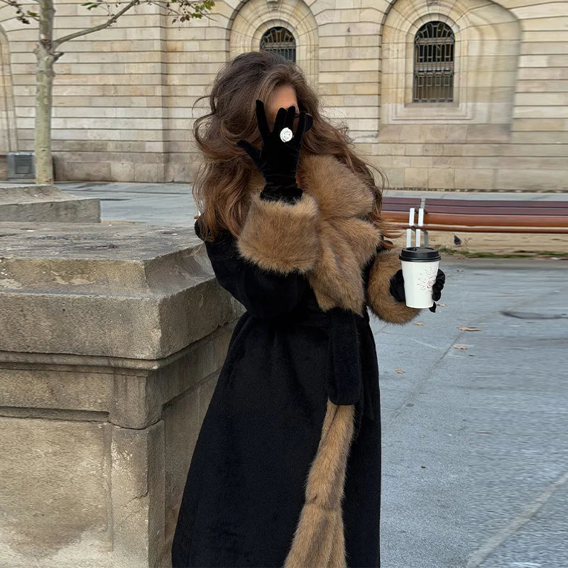 2026 Woman Vintage Faux Fur Woolen Long Luxury Overcoat Chic Full Sleeve V-neck Lace Up Loose Coat New Lady Commute Warm Outwear