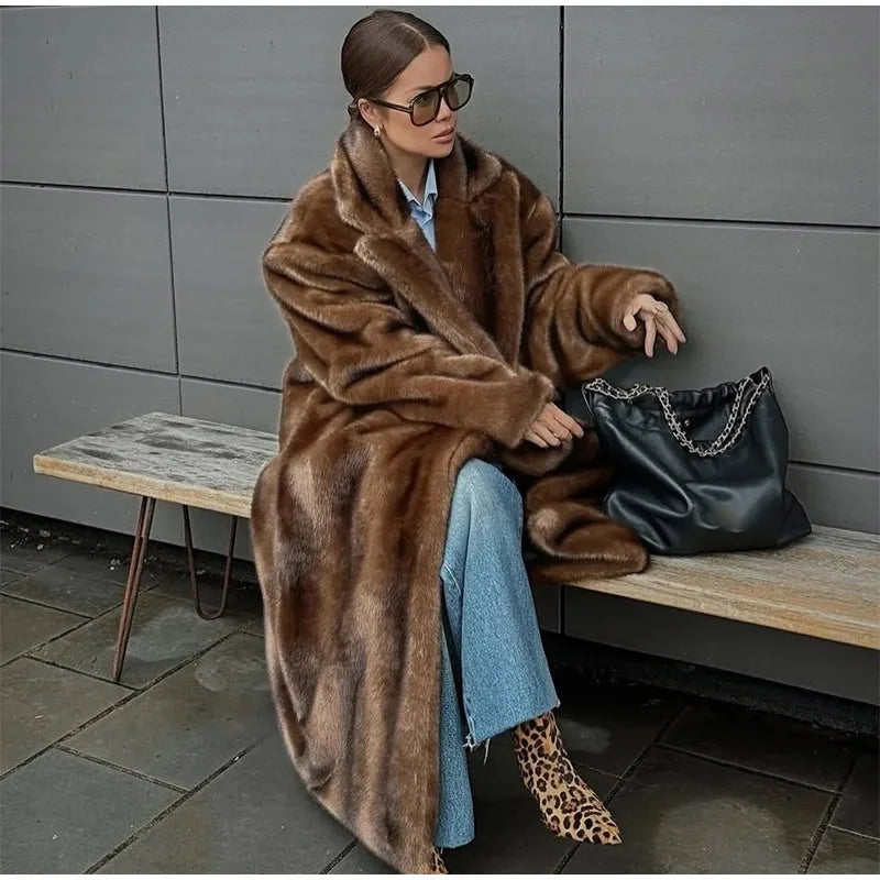 Women Faux Fur Overcoat Luxury Chic Fashion Lapel Long Sleeve Loose Fluffy Coat Lady Winter Warm Elegant Street Outerwear New