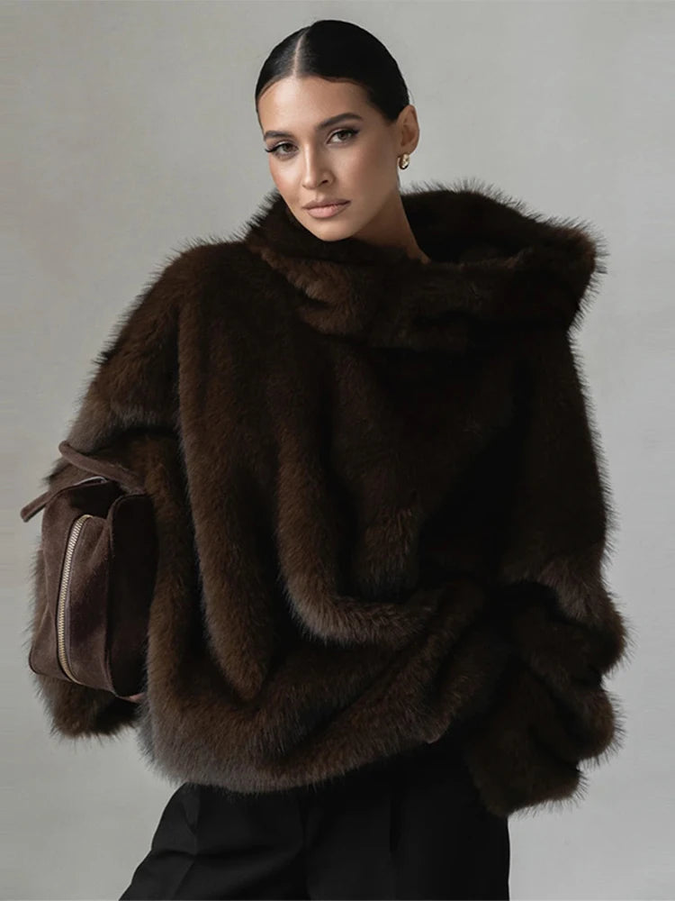 Winter Brown Faux Fur Hooded Women's Coat Full Sleeve Warm Thick Loose Plush Pullover Female 2025 Fashion Lady New Outwear