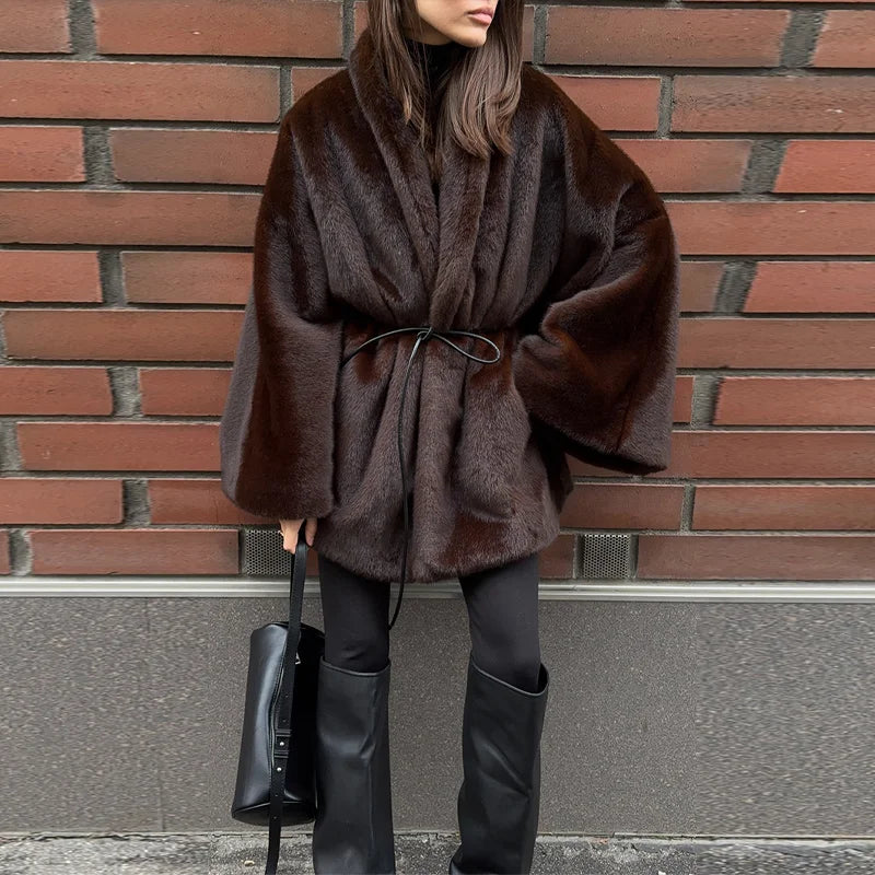 Women's Elegant Faux Fur Coat Fashion Oversized Long Sleeve Warm Belt Waist Jacket Lady 2026 Spring New Chic Street Outerwear