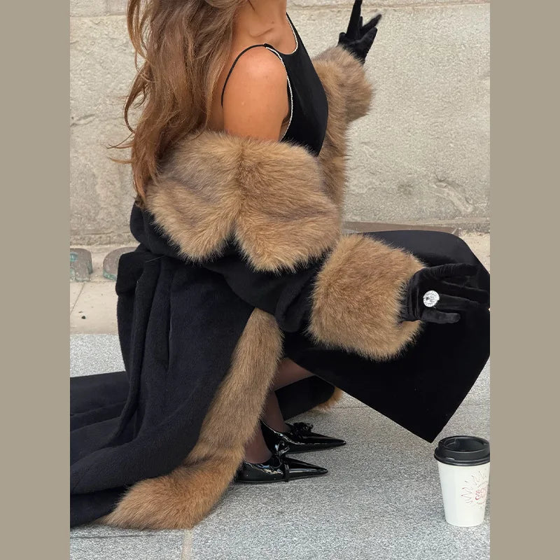 2026 Woman Vintage Faux Fur Woolen Long Luxury Overcoat Chic Full Sleeve V-neck Lace Up Loose Coat New Lady Commute Warm Outwear