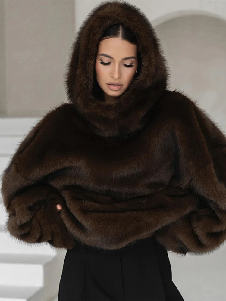 Winter Brown Faux Fur Hooded Women's Coat Full Sleeve Warm Thick Loose Plush Pullover Female 2025 Fashion Lady New Outwear