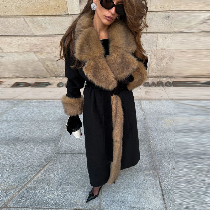 2026 Woman Vintage Faux Fur Woolen Long Luxury Overcoat Chic Full Sleeve V-neck Lace Up Loose Coat New Lady Commute Warm Outwear
