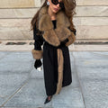 2026 Woman Vintage Faux Fur Woolen Long Luxury Overcoat Chic Full Sleeve V-neck Lace Up Loose Coat New Lady Commute Warm Outwear