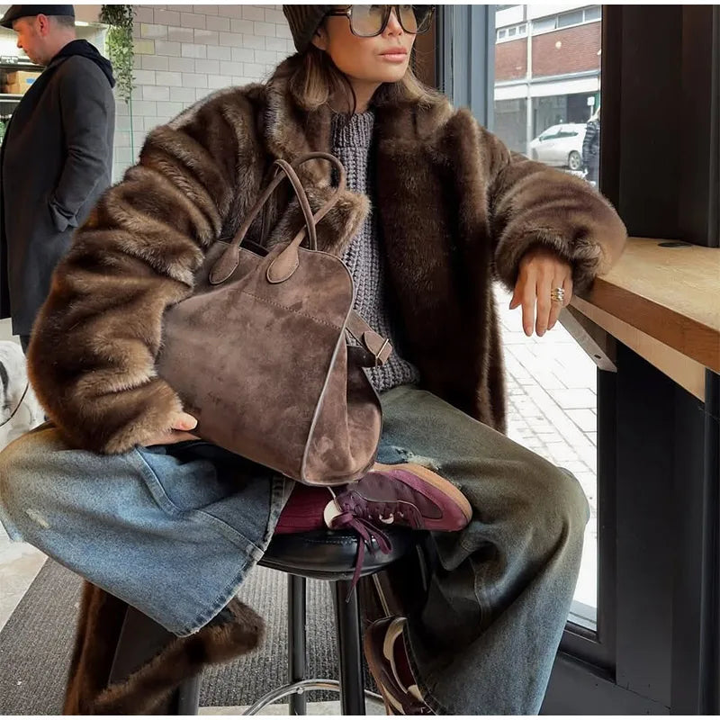Women Faux Fur Overcoat Luxury Chic Fashion Lapel Long Sleeve Loose Fluffy Coat Lady Winter Warm Elegant Street Outerwear New