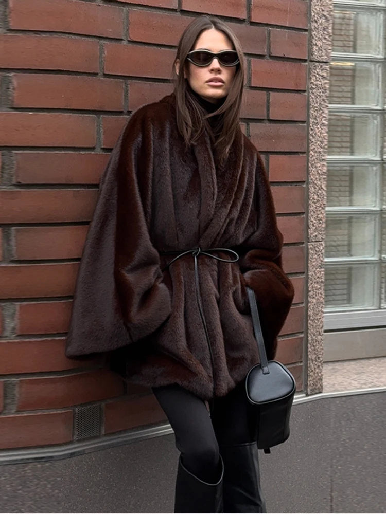 Women's Elegant Faux Fur Coat Fashion Oversized Long Sleeve Warm Belt Waist Jacket Lady 2026 Spring New Chic Street Outerwear