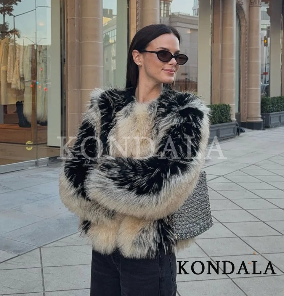 KONDALA Women High Street Fur Coat Trendy Contrast Jacket O-Neck Faux Fur Jacket Coat 2025 Fall Winter Fashion Female Retro Coat