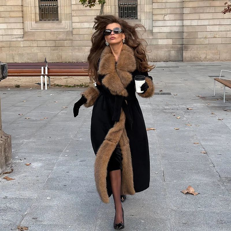 2026 Woman Vintage Faux Fur Woolen Long Luxury Overcoat Chic Full Sleeve V-neck Lace Up Loose Coat New Lady Commute Warm Outwear