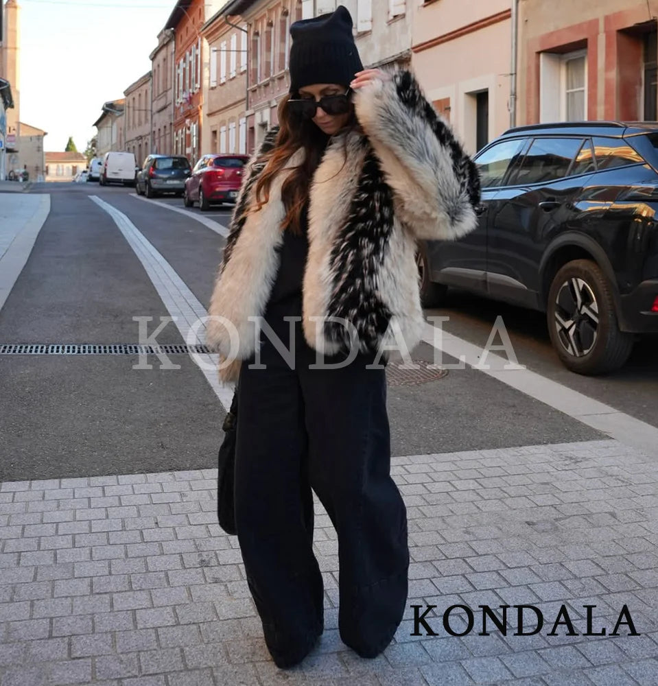 KONDALA Women High Street Fur Coat Trendy Contrast Jacket O-Neck Faux Fur Jacket Coat 2025 Fall Winter Fashion Female Retro Coat