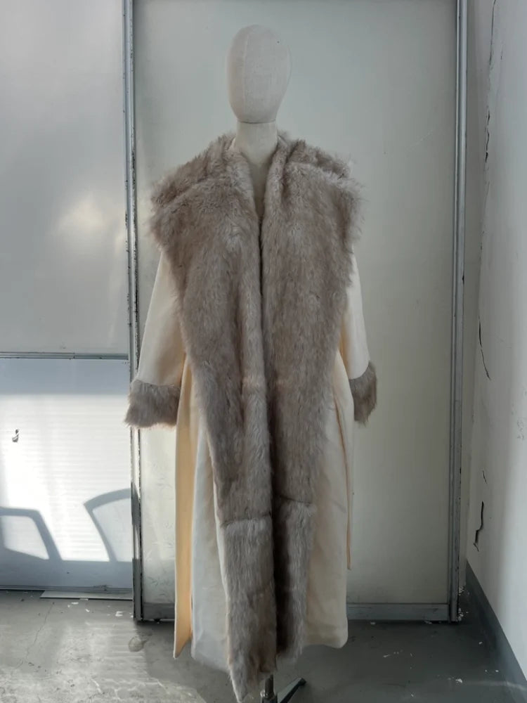 2026 Woman Vintage Faux Fur Woolen Long Luxury Overcoat Chic Full Sleeve V-neck Lace Up Loose Coat New Lady Commute Warm Outwear