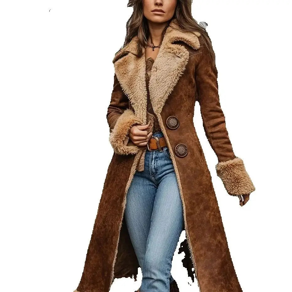 Women's Brown Vintage Coat Western Denim Plush Autumn And Winter Fashionable Warm Coat Outdoor Windproof Slim Fit Windbreaker