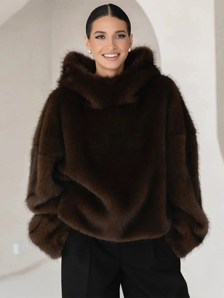 Winter Brown Faux Fur Hooded Women's Coat Full Sleeve Warm Thick Loose Plush Pullover Female 2025 Fashion Lady New Outwear