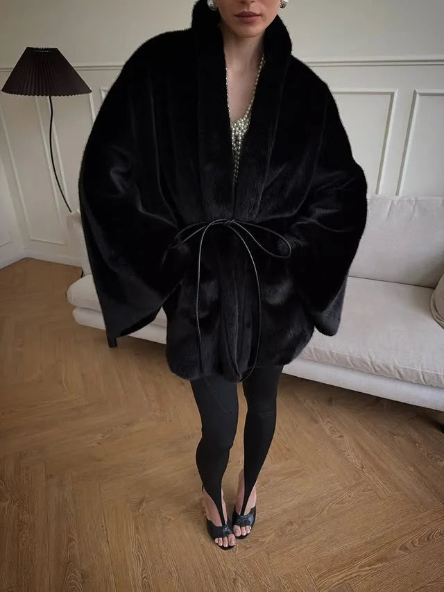 Women's Elegant Faux Fur Coat Fashion Oversized Long Sleeve Warm Belt Waist Jacket Lady 2026 Spring New Chic Street Outerwear