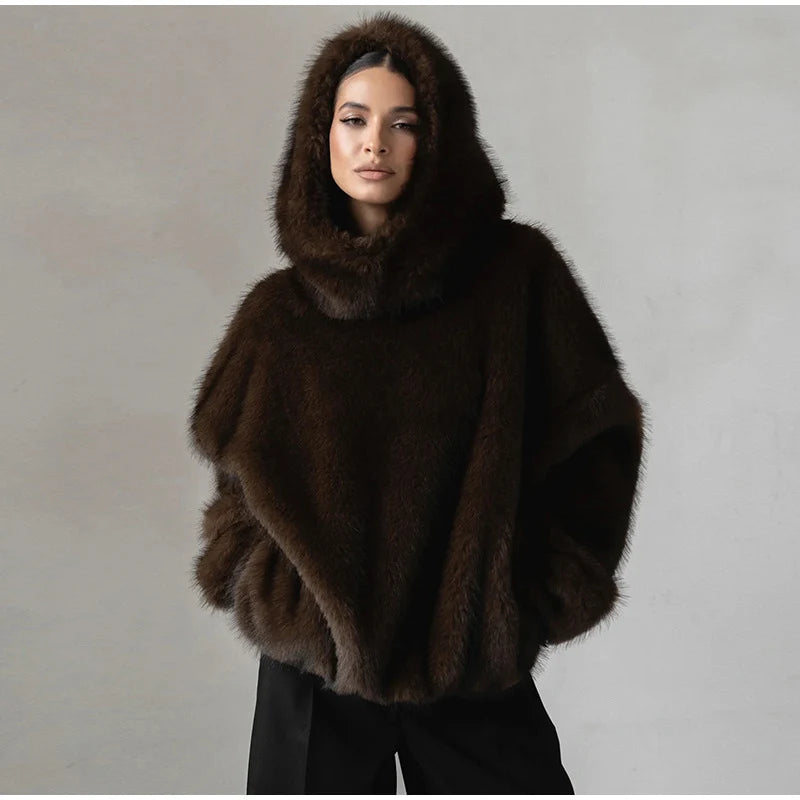 Winter Brown Faux Fur Hooded Women's Coat Full Sleeve Warm Thick Loose Plush Pullover Female 2025 Fashion Lady New Outwear