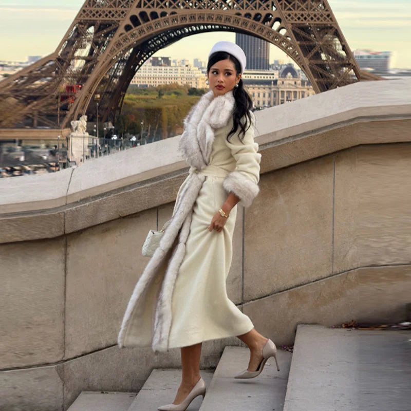 2026 Woman Vintage Faux Fur Woolen Long Luxury Overcoat Chic Full Sleeve V-neck Lace Up Loose Coat New Lady Commute Warm Outwear
