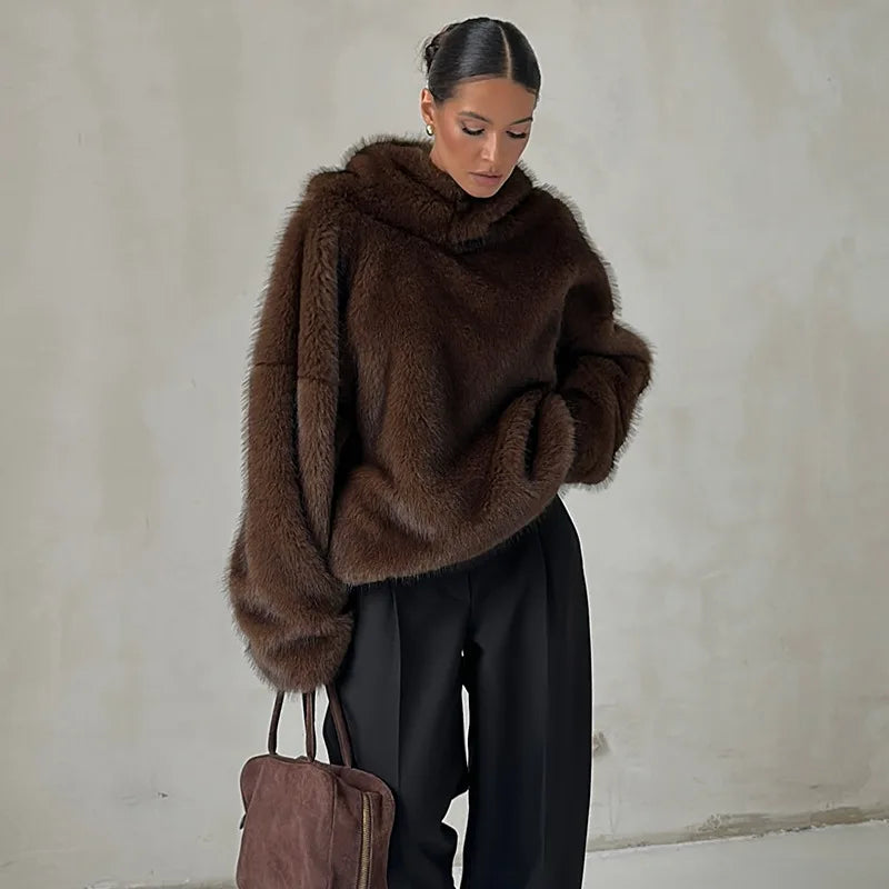 Winter Brown Faux Fur Hooded Women's Coat Full Sleeve Warm Thick Loose Plush Pullover Female 2025 Fashion Lady New Outwear