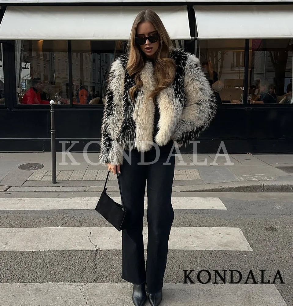 KONDALA Women High Street Fur Coat Trendy Contrast Jacket O-Neck Faux Fur Jacket Coat 2025 Fall Winter Fashion Female Retro Coat