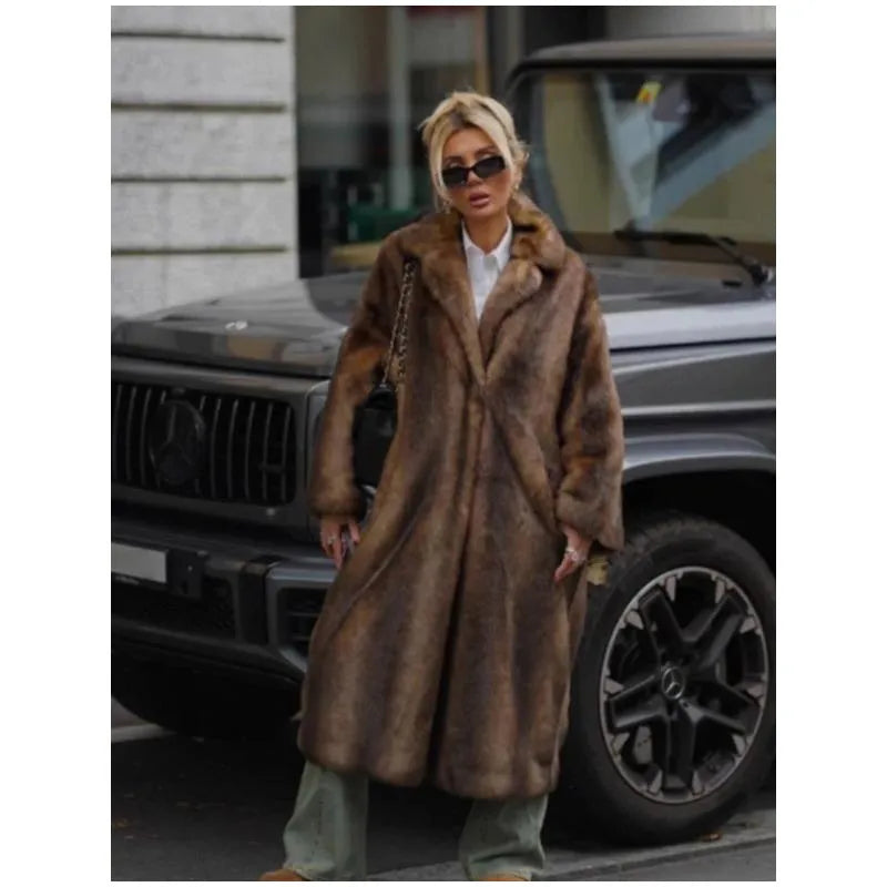 Women Faux Fur Overcoat Luxury Chic Fashion Lapel Long Sleeve Loose Fluffy Coat Lady Winter Warm Elegant Street Outerwear New