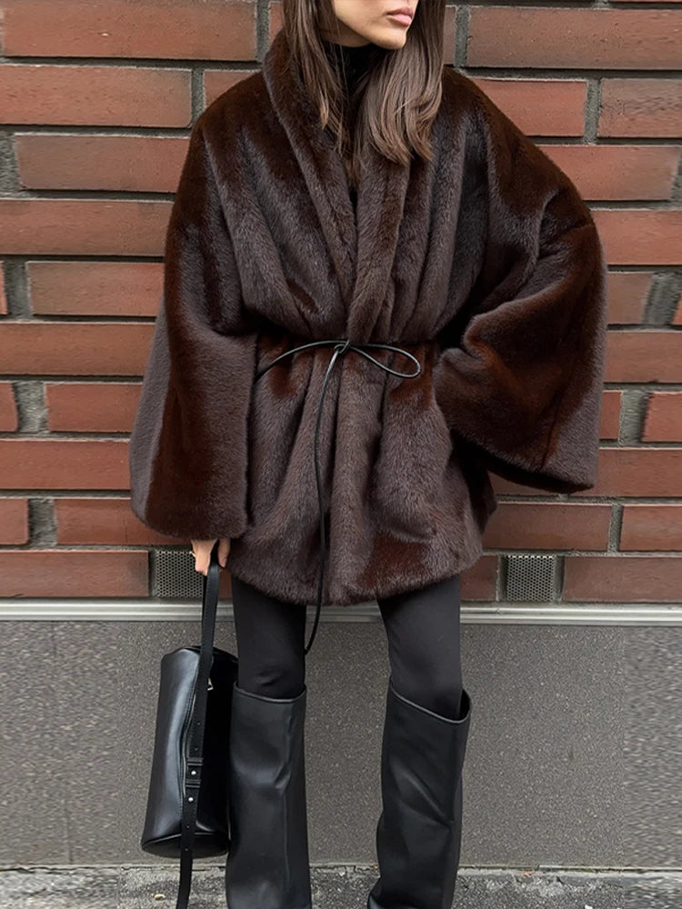 Women's Elegant Faux Fur Coat Fashion Oversized Long Sleeve Warm Belt Waist Jacket Lady 2026 Spring New Chic Street Outerwear