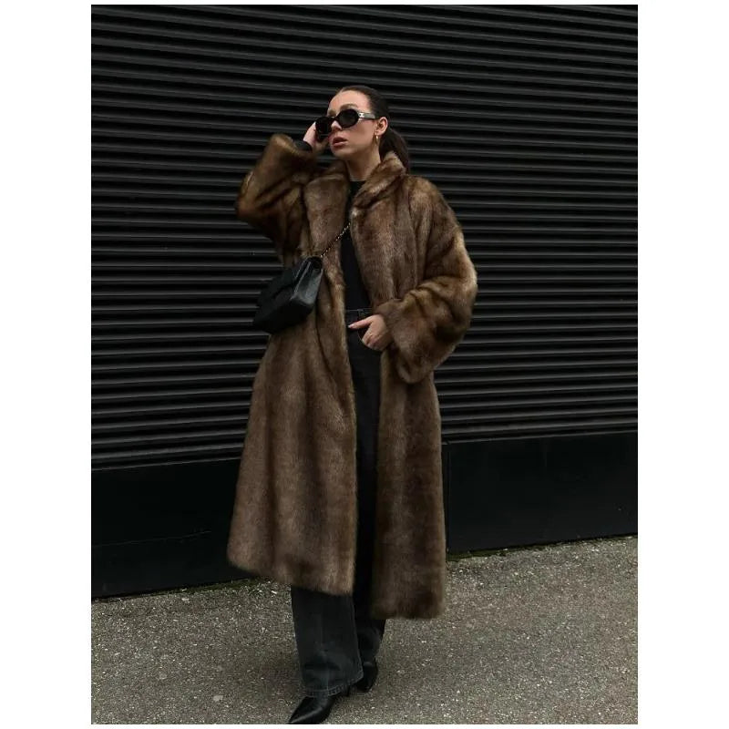Women Faux Fur Overcoat Luxury Chic Fashion Lapel Long Sleeve Loose Fluffy Coat Lady Winter Warm Elegant Street Outerwear New