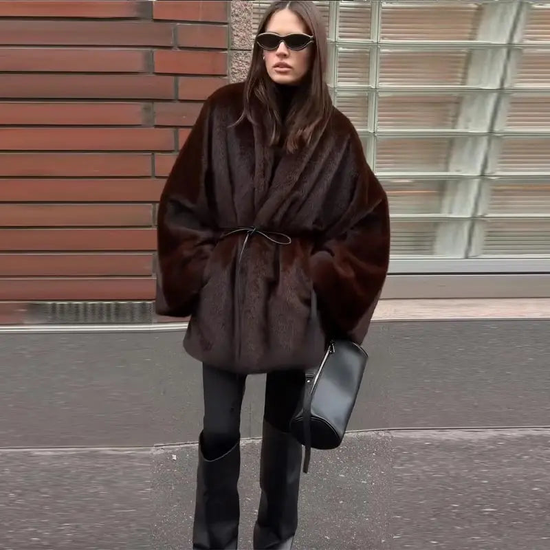 Women's Elegant Faux Fur Coat Fashion Oversized Long Sleeve Warm Belt Waist Jacket Lady 2026 Spring New Chic Street Outerwear