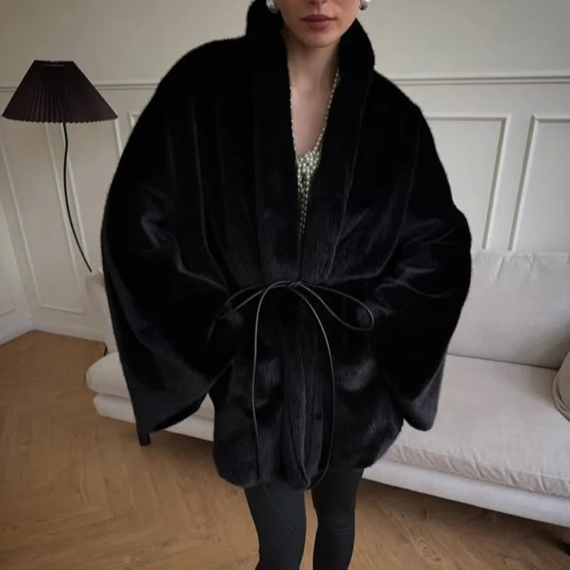 Women's Elegant Faux Fur Coat Fashion Oversized Long Sleeve Warm Belt Waist Jacket Lady 2026 Spring New Chic Street Outerwear